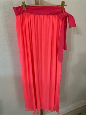 Bright Pink Tie-Waist mesh Maxi Skirt- Size M/L- swim coverup